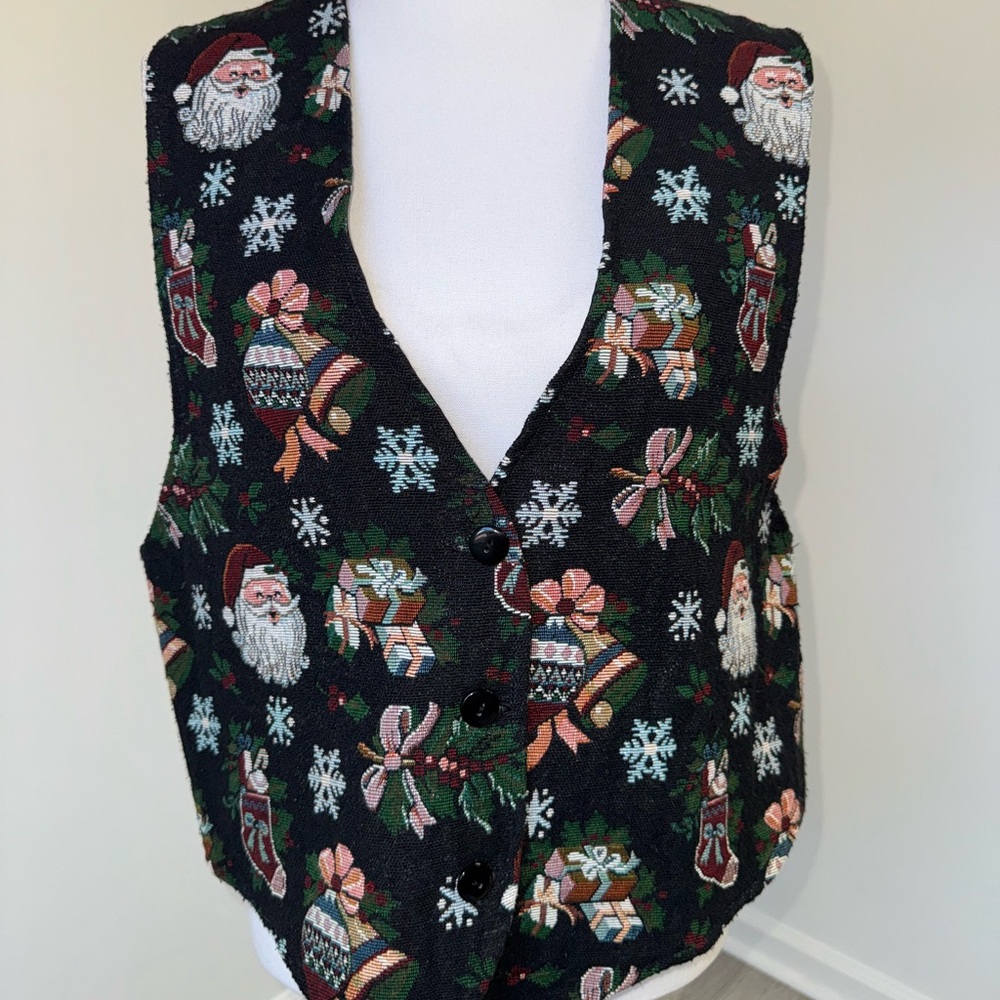 Vintage Facets by Mirrors Santa Christmas‎ Vest Tapestry Holiday USA Large